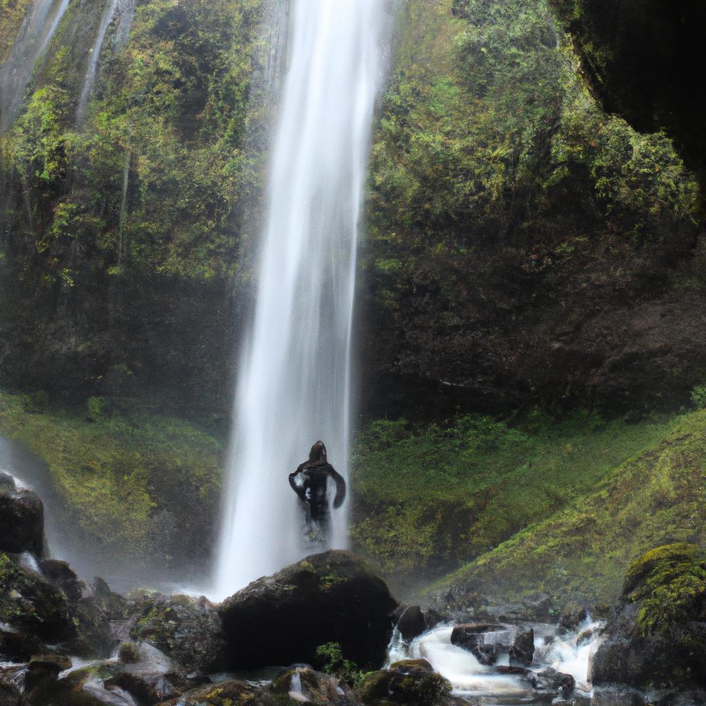 Person admiring stunning waterfall